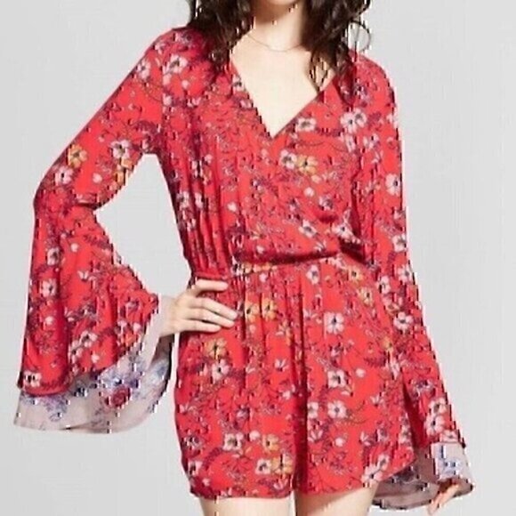 XHILARATION Coral Red Multi Floral Long Bell Flare Sleeve Wrap Surplice Romper S - Picture 1 of 12